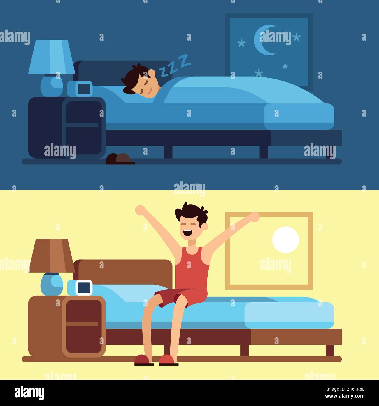 Man sleeping waking up. Person under duvet at night and getting out of bed morning. Peacefully sleep in comfy mattress Stock Vector