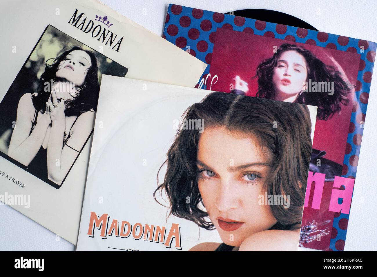 Picture sleeves of a selection of seven inch vinyl singles released by Madonna Stock Photo