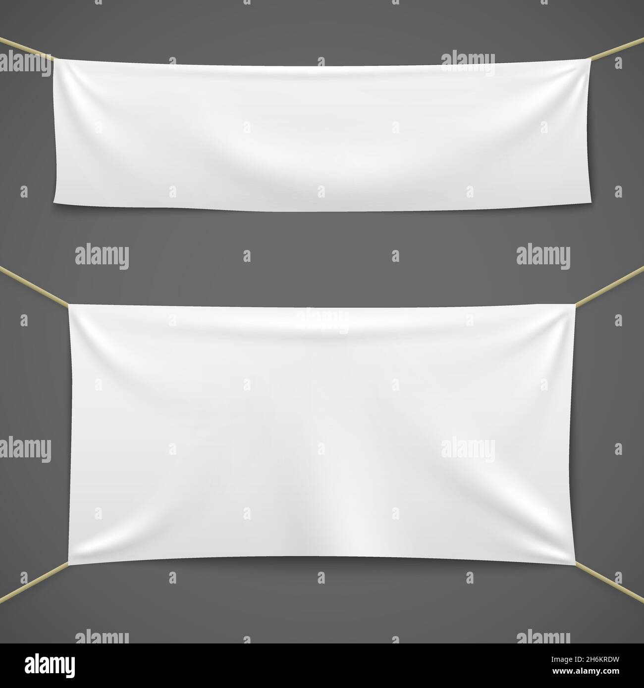 White textile banners. Blank fabric flag hanging canvas sale ribbon horizontal template advertising cloth banner set Stock Vector