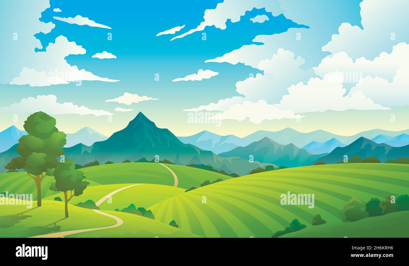 Meadows with mountains. Landscape hill field mountain land sky wild