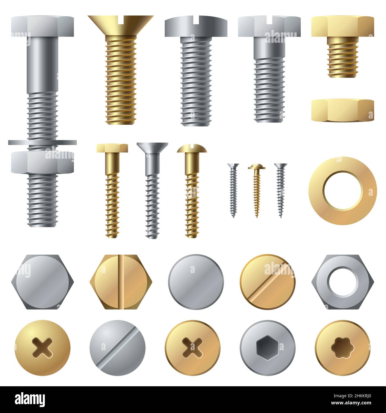 Bolts and screws. Washer nut hardware rivet screw and bolt. Chrome