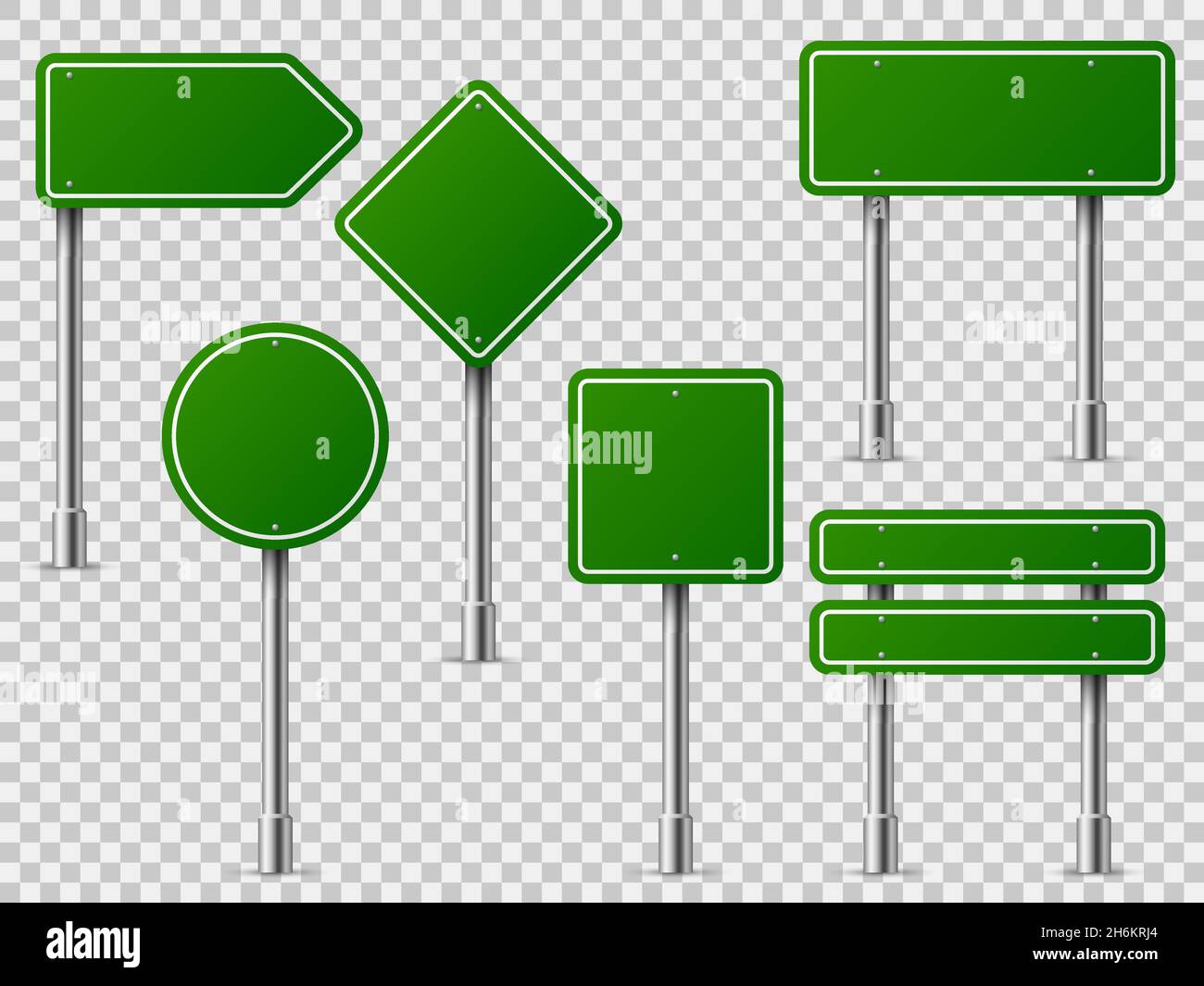 Green traffic signs. Road board text panel, mockup signage direction highway city signpost location street arrow way set Stock Vector