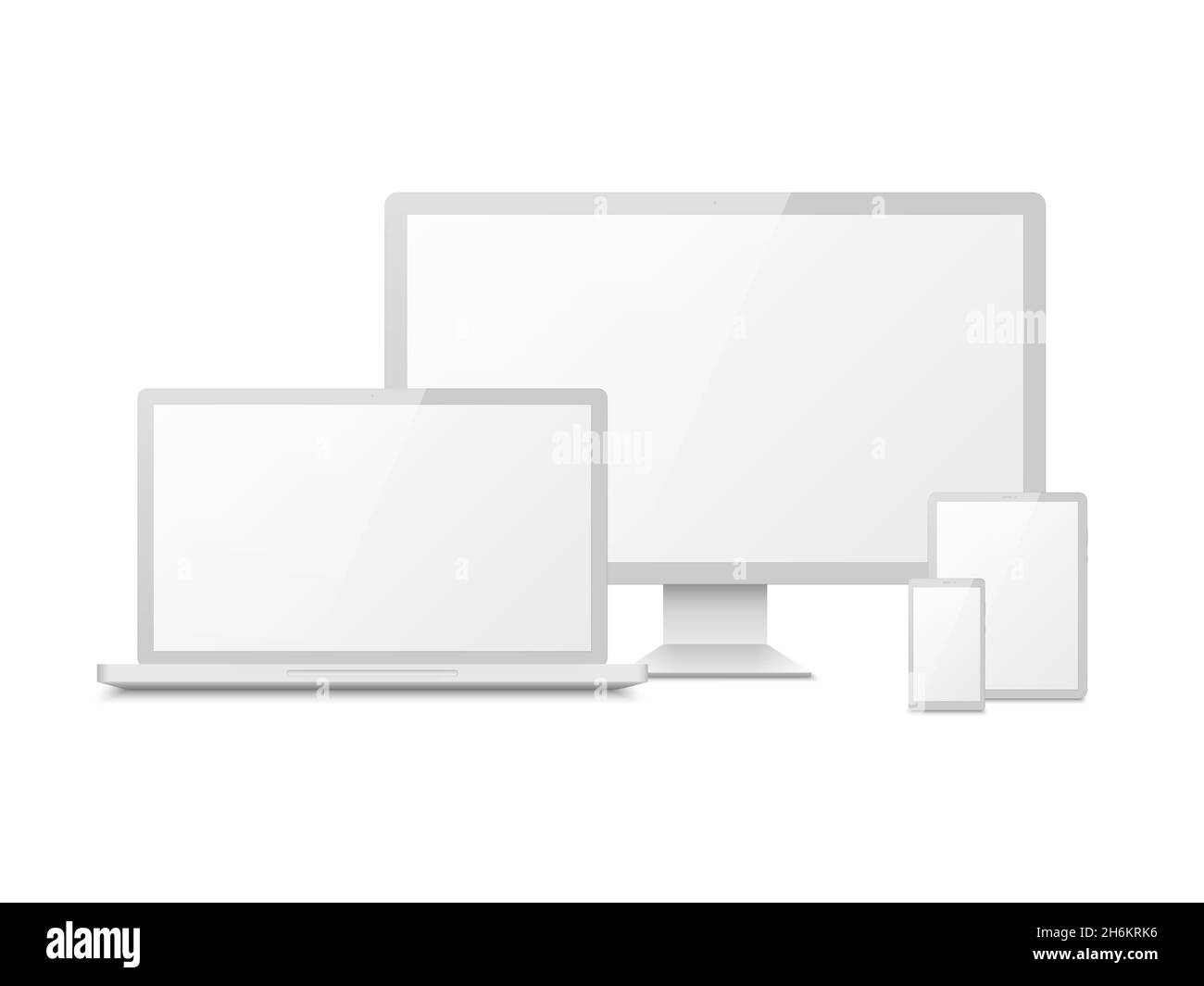 White device mockup. Tablet laptop smartphone screen computer pc display. 3d electronic touchscreen multimedia devices Stock Vector