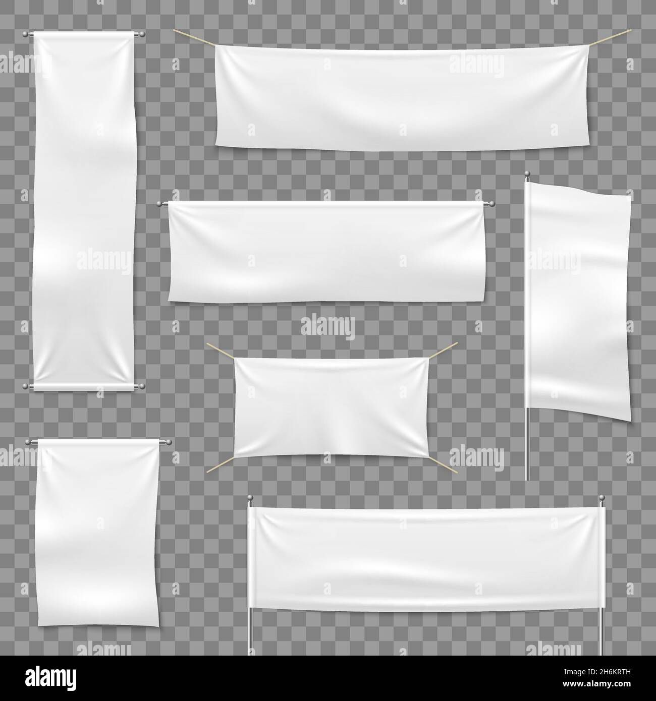 Textile advertising banners. Flags and hanging banner, blank fabric white horizontal cloth sign, textile ribbons vector Stock Vector