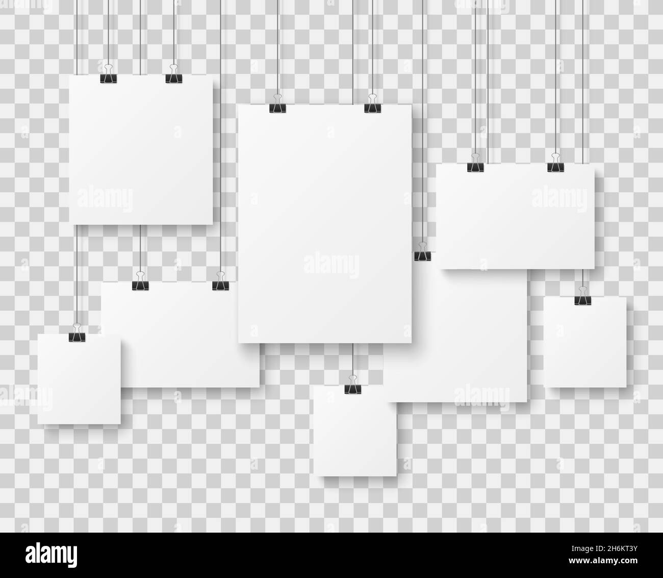 Blank picture gallery. Presentation paper posters, photo canvas clean advertising hanging banner on strings vector Stock Vector