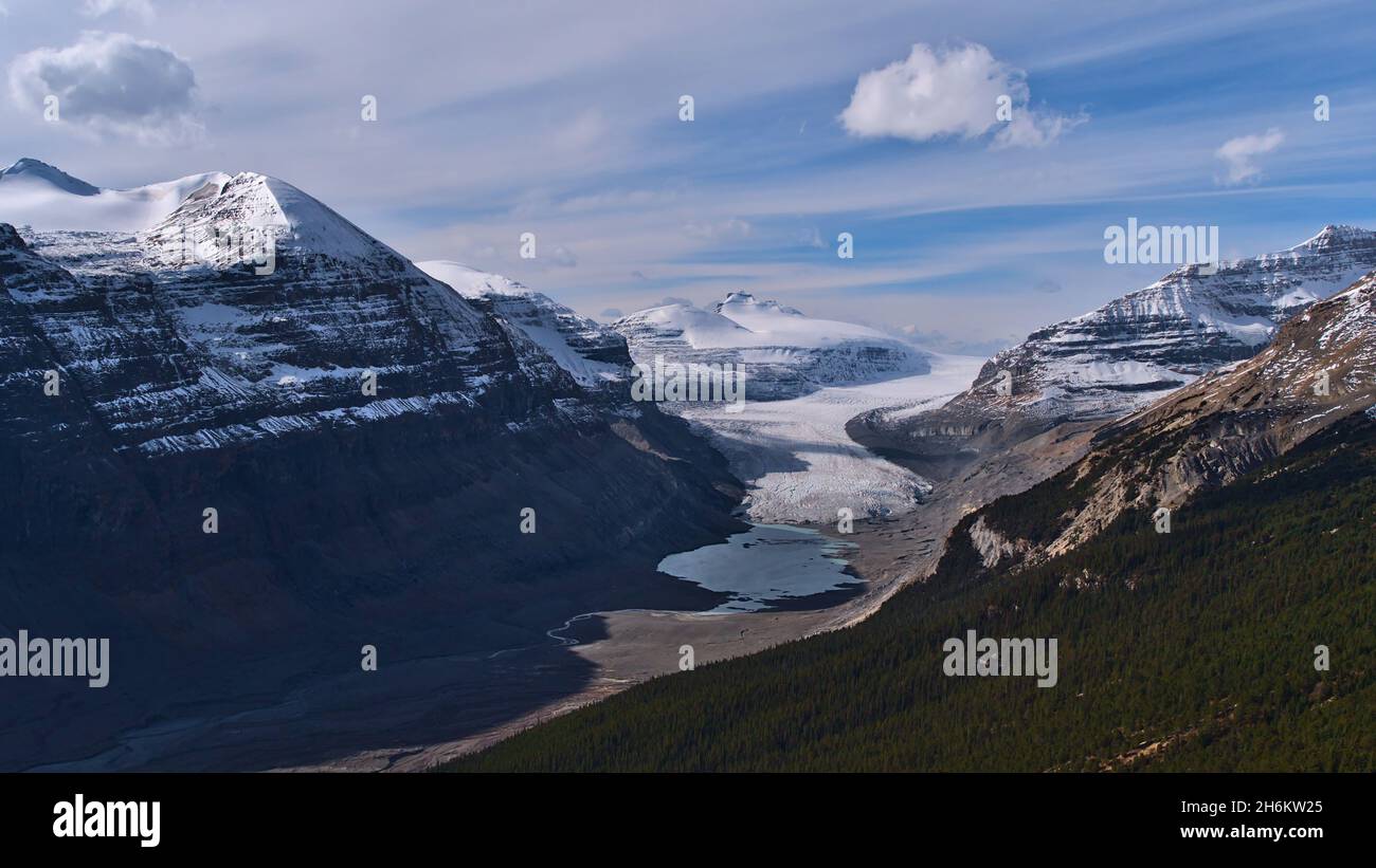 Stunning view of majestic Saskatchewan Glacier, part of Columbia Icefield, in Banff National Park, Alberta, Canada in the Rocky Mountains in valley. Stock Photo