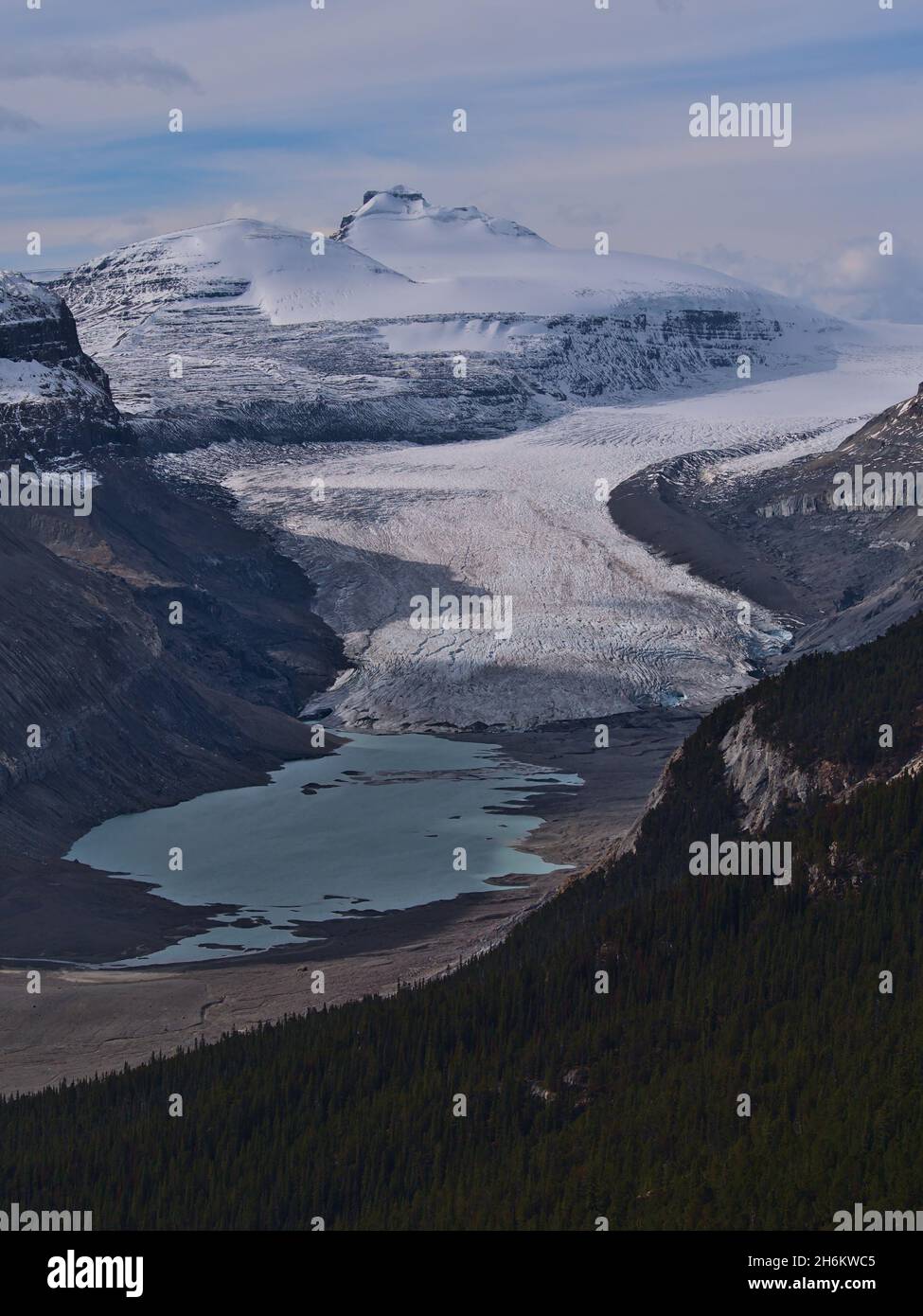 Stunning portrait view of Saskatchewan Glacier, part of Columbia Icefield, in Banff National Park, Alberta, Canada in the Rocky Mountains. Stock Photo