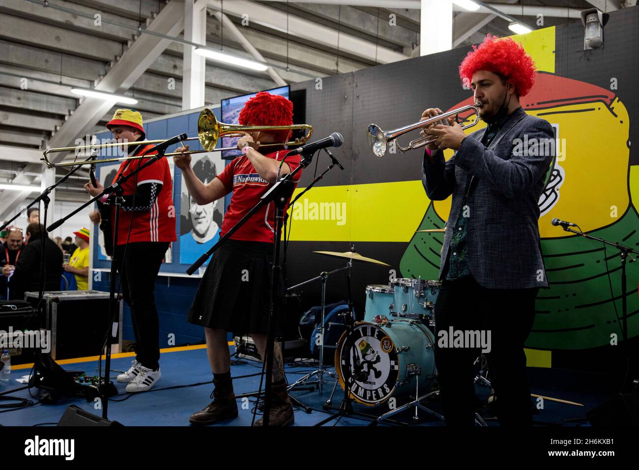 Ganton Stand Cardiff, UK. 16th Nov, 2021. The Pumper perform underneath the Canton ...