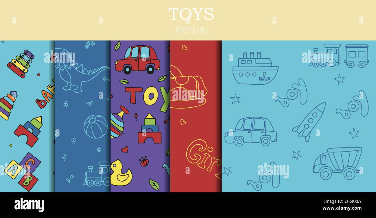 Vector set of doodle seamless pattern with toys. Hand draw collection ...