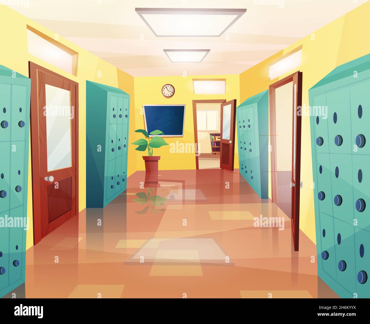 School, college hallway with open and closed doors, storage lockers, notice board. Illustration for kids game or web. Stock Vector