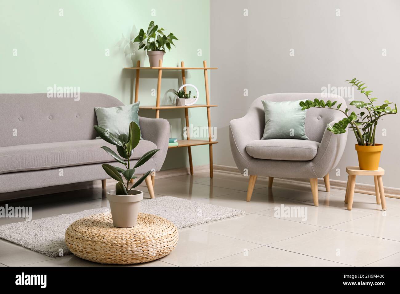 Interior of modern living room with armchair and houseplants Stock ...
