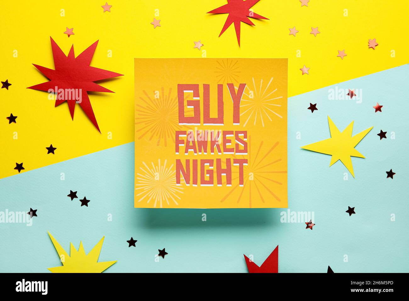 Greeting card for Guy Fawkes night and confetti on color background ...