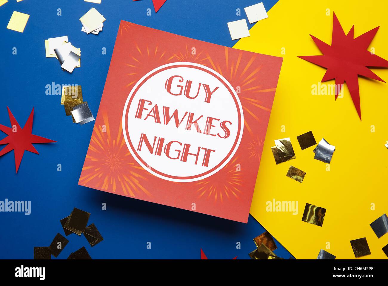 Greeting card for Guy Fawkes night and confetti on color background ...
