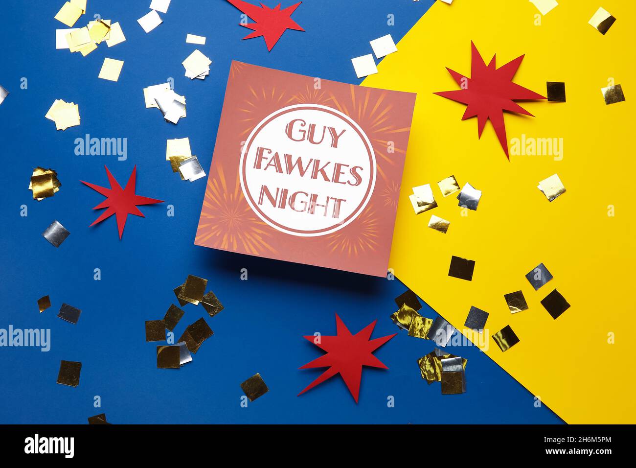 Greeting card for Guy Fawkes night and confetti on color background ...