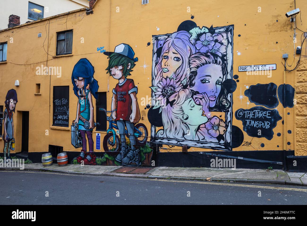 Street art on The Three Tuns pub. Partition Street, BS1 5UR Bristol, UK (Nov21) Stock Photo