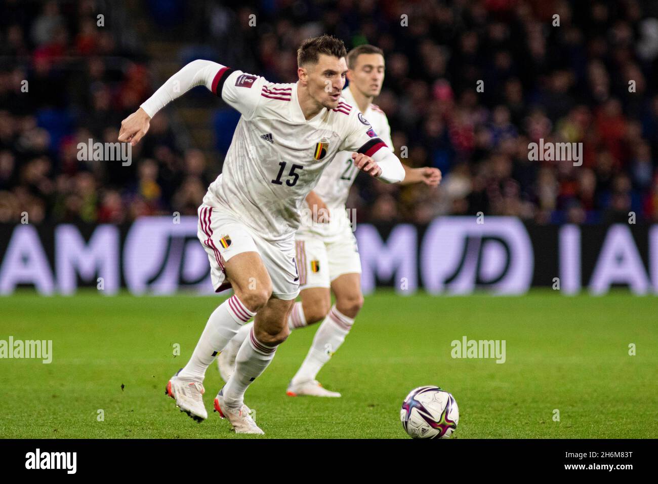 Cardiff, UK. 16th Nov, 2021. Thomas Meunier of Belgium in action. Wales v Belgium in a 2022 FIFA World Cup Qualifier at the Cardiff City Stadium on the 16th November 2021. Credit: Lewis Mitchell/Alamy Live News Stock Photo
