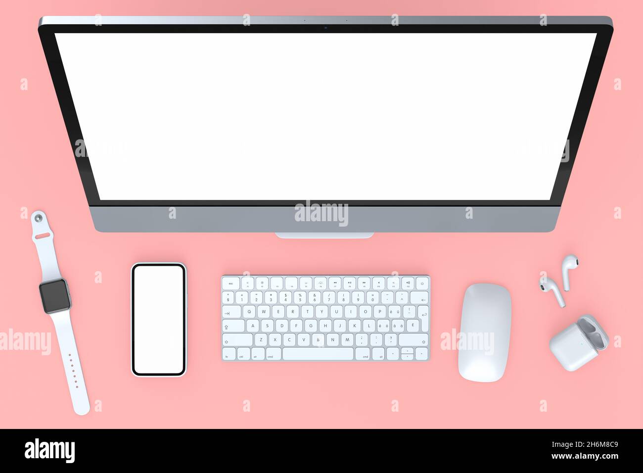 Top view of desktop computer with keyboard, mouse, smartwatch, phone and  headphones on pink background. 3D render concept of creative designer  equipme Stock Photo - Alamy