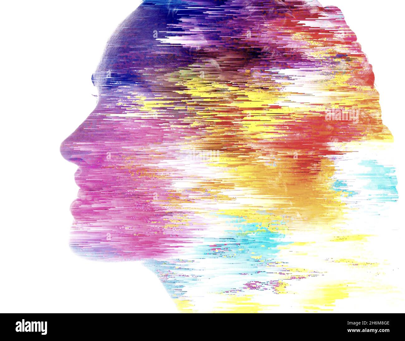 A profile portrait of a woman with colorful visual distortion. Double exposure. Stock Photo