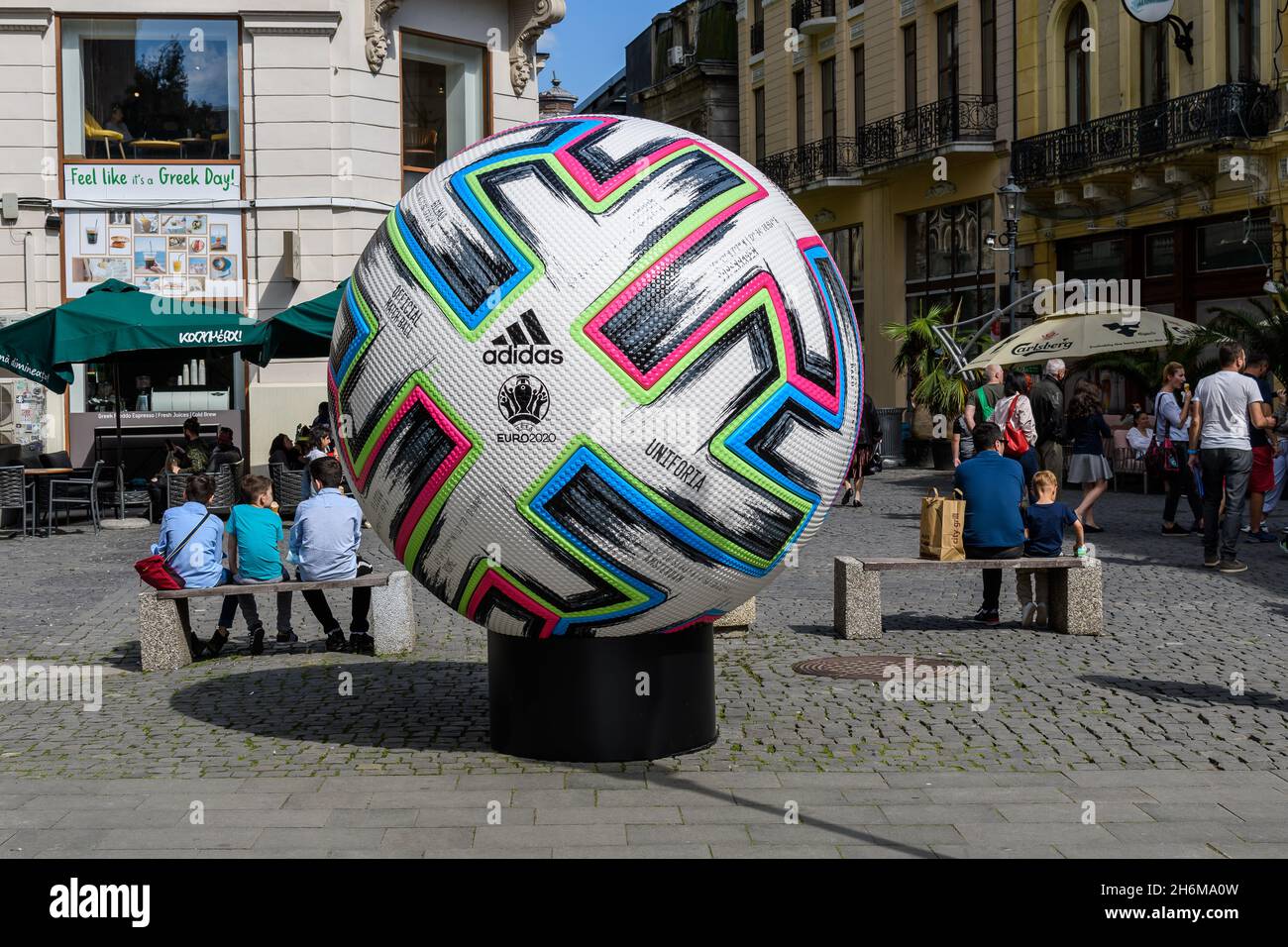 Bucharest, Romania, 5 June 2021 - Official Adidas Uniforia large match ball  is displayed in a street in the old city center as of a host city for UEFA  Stock Photo - Alamy