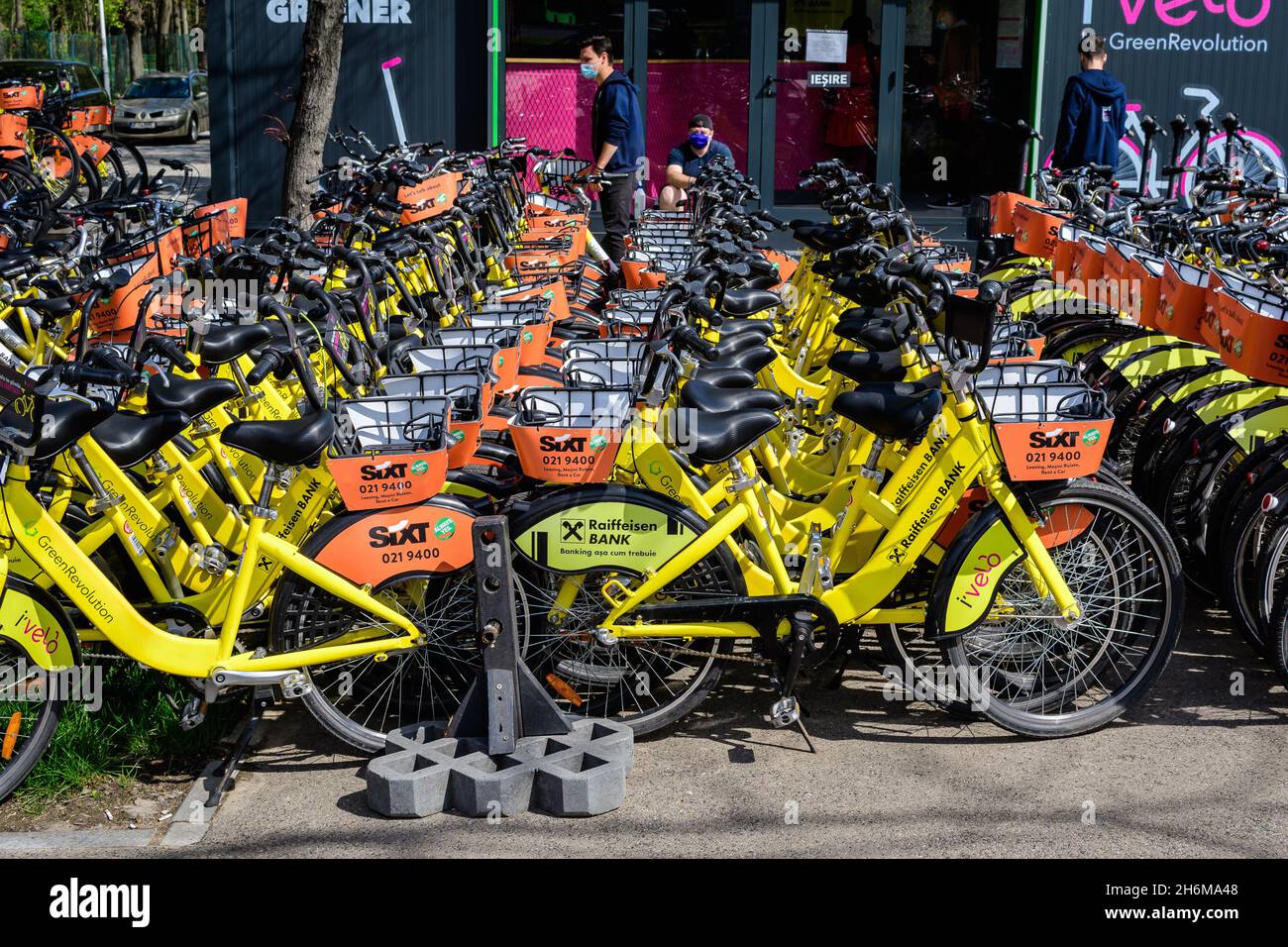 Bucharest, Romania, 24 April 2021 Public bike sharing bicycles from