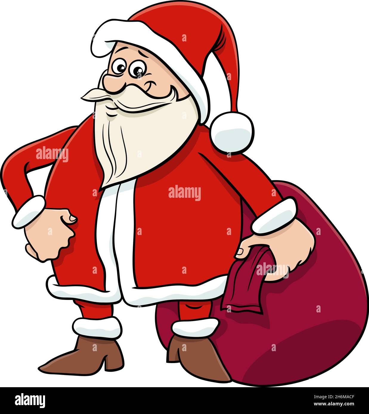 Cartoon illustration of funny Santa Claus character with sack of