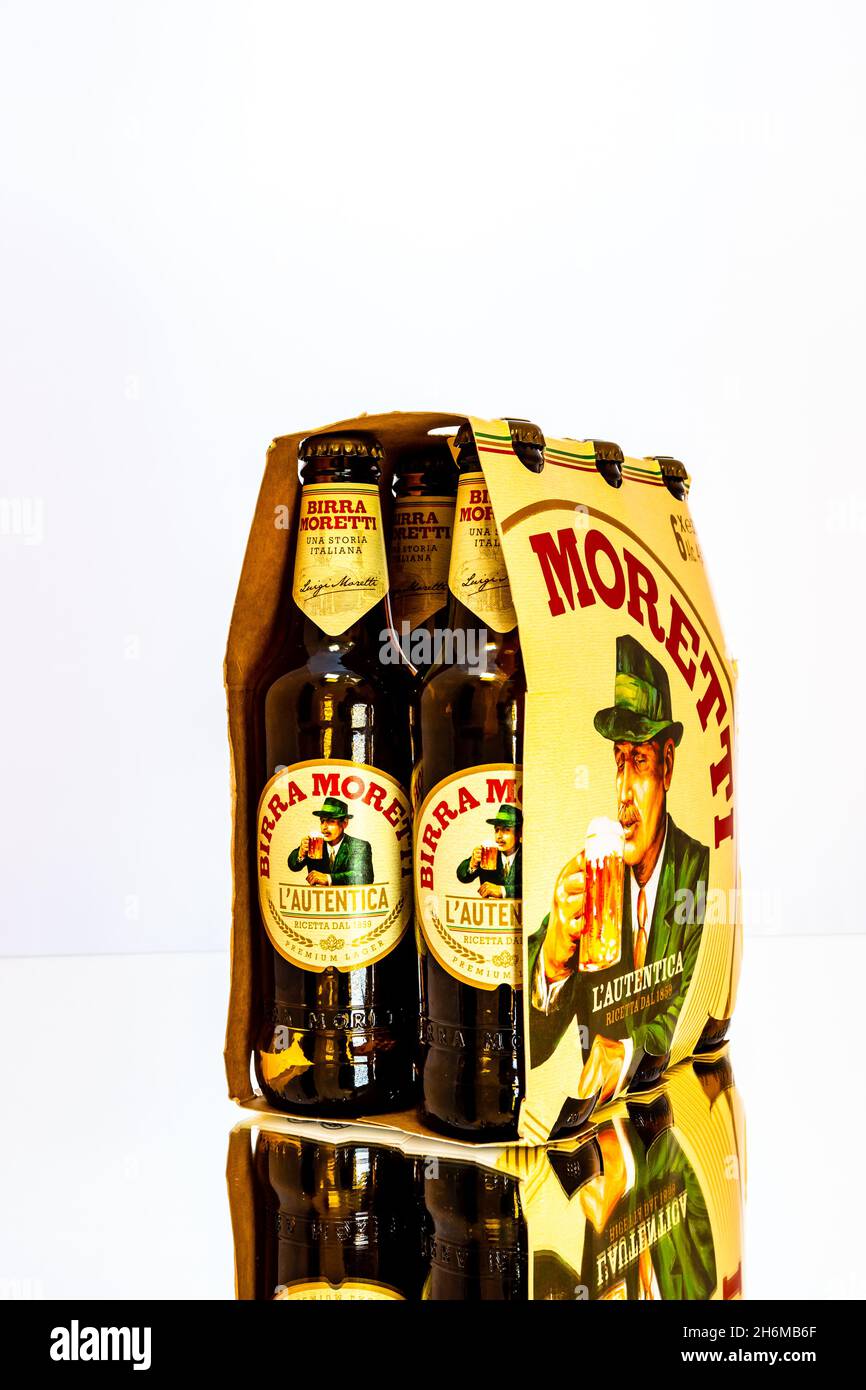 6 pack of Birra Moretti beer. Illustrative editorial photo Bucharest,  Romania, 2021 Stock Photo - Alamy