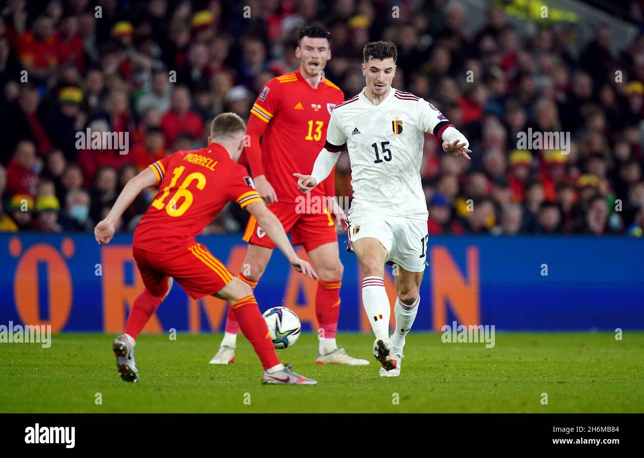 Wales' Joe Morrell and Belgium's Thomas Meunier battle for the ball during the FIFA World Cup Qualifying match at the Cardiff City Stadium, Cardiff. Picture date: Tuesday November 16, 2021. Stock Photo