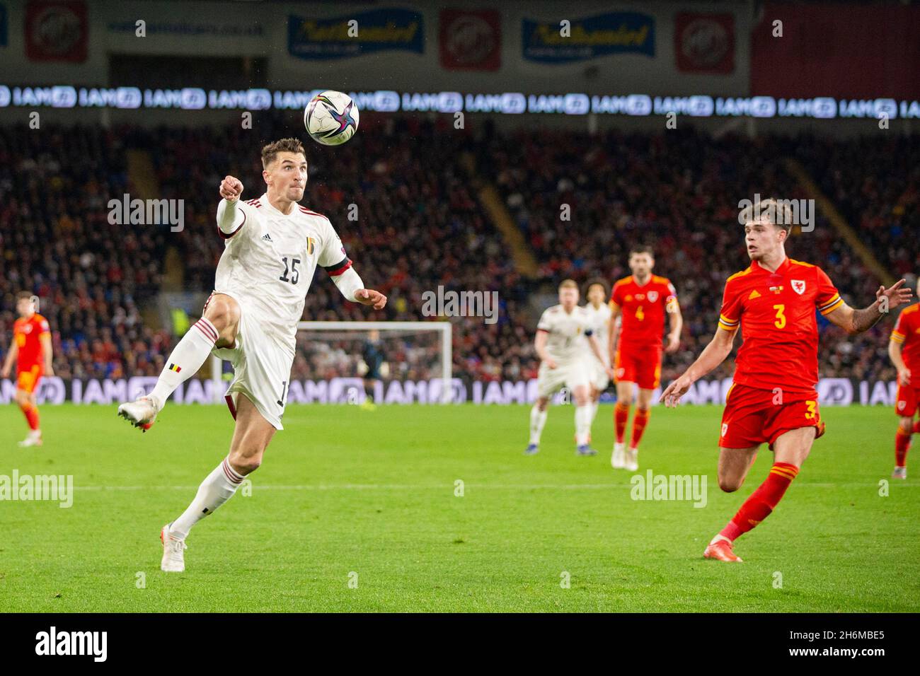 Cardiff, Wales, UK. 16th Nov, 2021. Thomas Meunier of Belgium and Neco Williams of Wales during the World Cup 2022 group qualification match between Wales and Belgium at the Cardiff City Stadium. Credit: Mark Hawkins/Alamy Live News Stock Photo