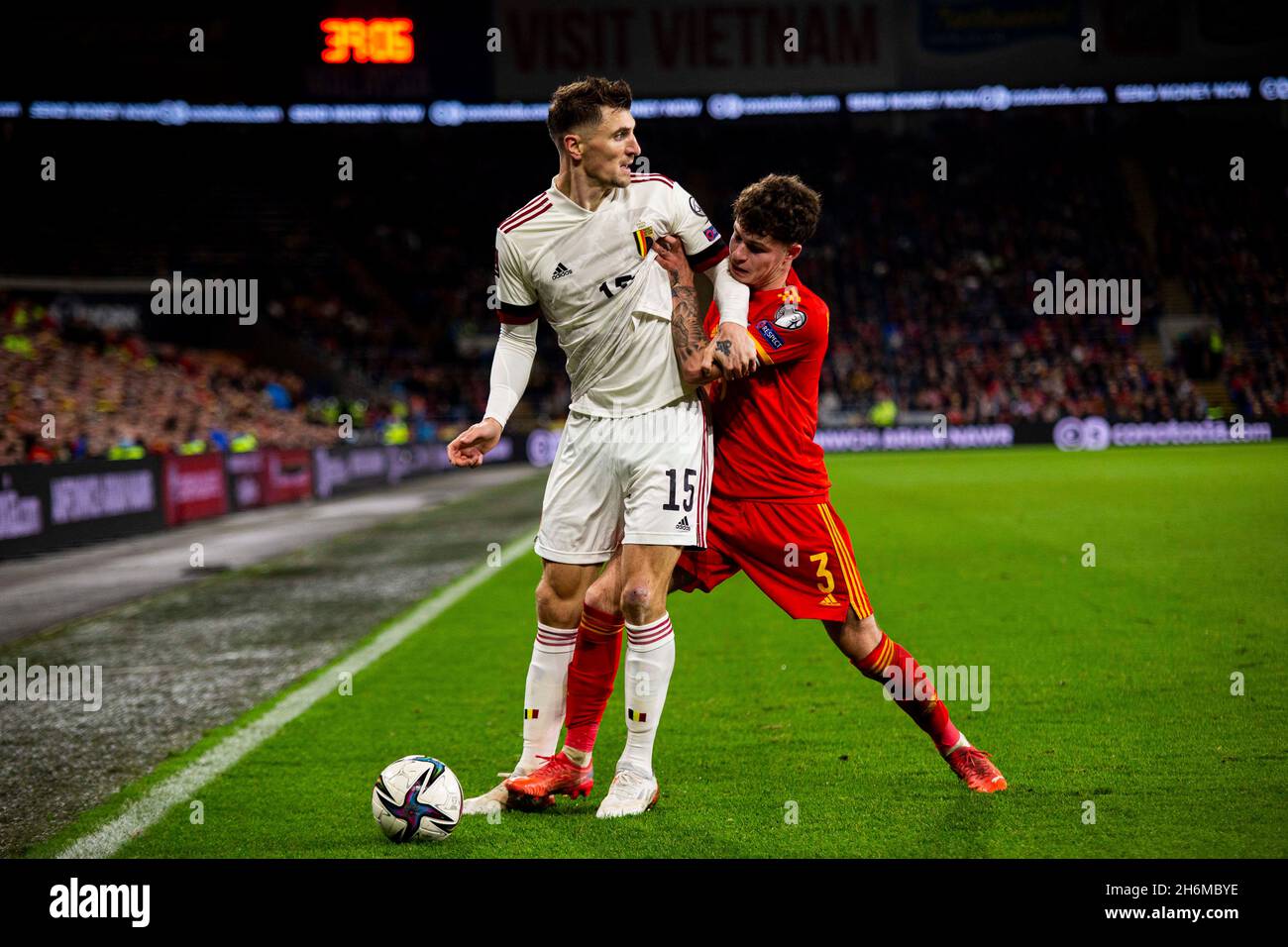 Cardiff, UK. 16th Nov, 2021. Thomas Meunier of Belgium in action against Neco Williams of Wales. Wales v Belgium in a 2022 FIFA World Cup Qualifier at the Cardiff City Stadium on the 16th November 2021. Credit: Lewis Mitchell/Alamy Live News Stock Photo