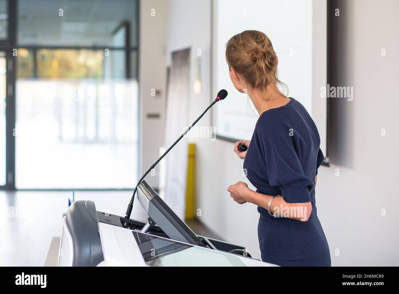 Pretty, young business woman giving a presentation in a conference ...