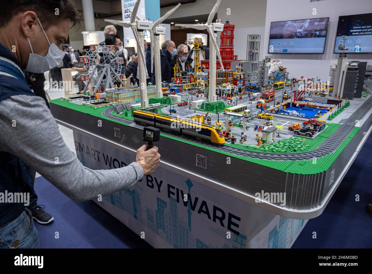 A model made with Lego pieces representing the smart city of Fiware, a  platform promoted by the European Union for the deployment of Internet  applications of the Future, is seen during the