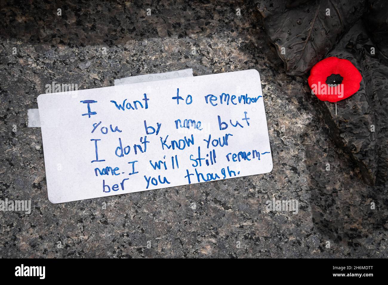 A note left by a child at the Tomb of the Unknown Soldier in Ottawa, Canada. Stock Photo