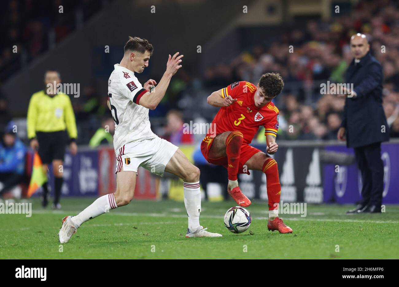 Cardiff, Wales, 16th November 2021. Thomas Meunier of Belgium tackles Neco Williams of Wales  during the FIFA World Cup 2022 European Qualifying match at the Cardiff City Stadium, Cardiff. Picture credit should read: Darren Staples / Sportimage Stock Photo