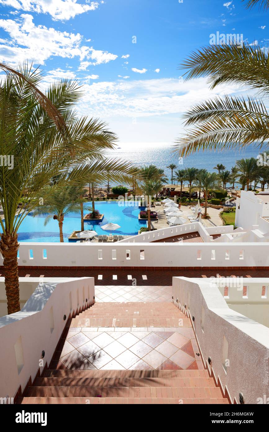 Swimming pool near beach at luxury hotel, Sharm el Sheikh, Egypt Stock Photo
