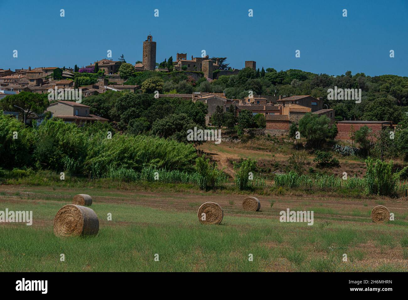 The Spanish hill top town of Pals on the The Costa Brava, Spain. Bales