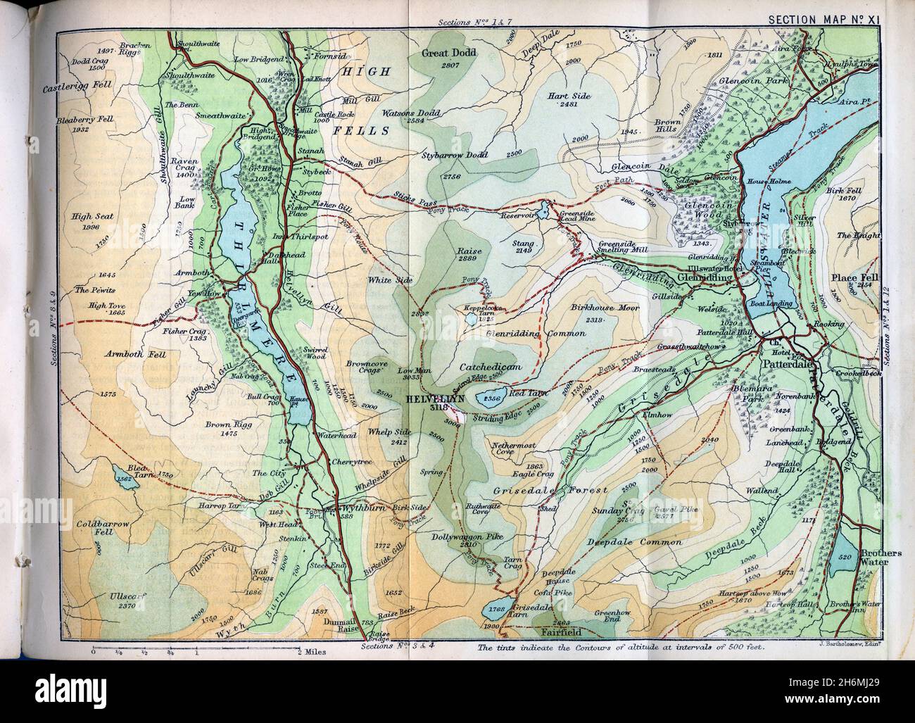 Fold-out map (shown unfolded) featuring Thirlmere and Ullswater, from a Baddeley's Thorough Guide to the English Lake District, published in 1889 Stock Photo
