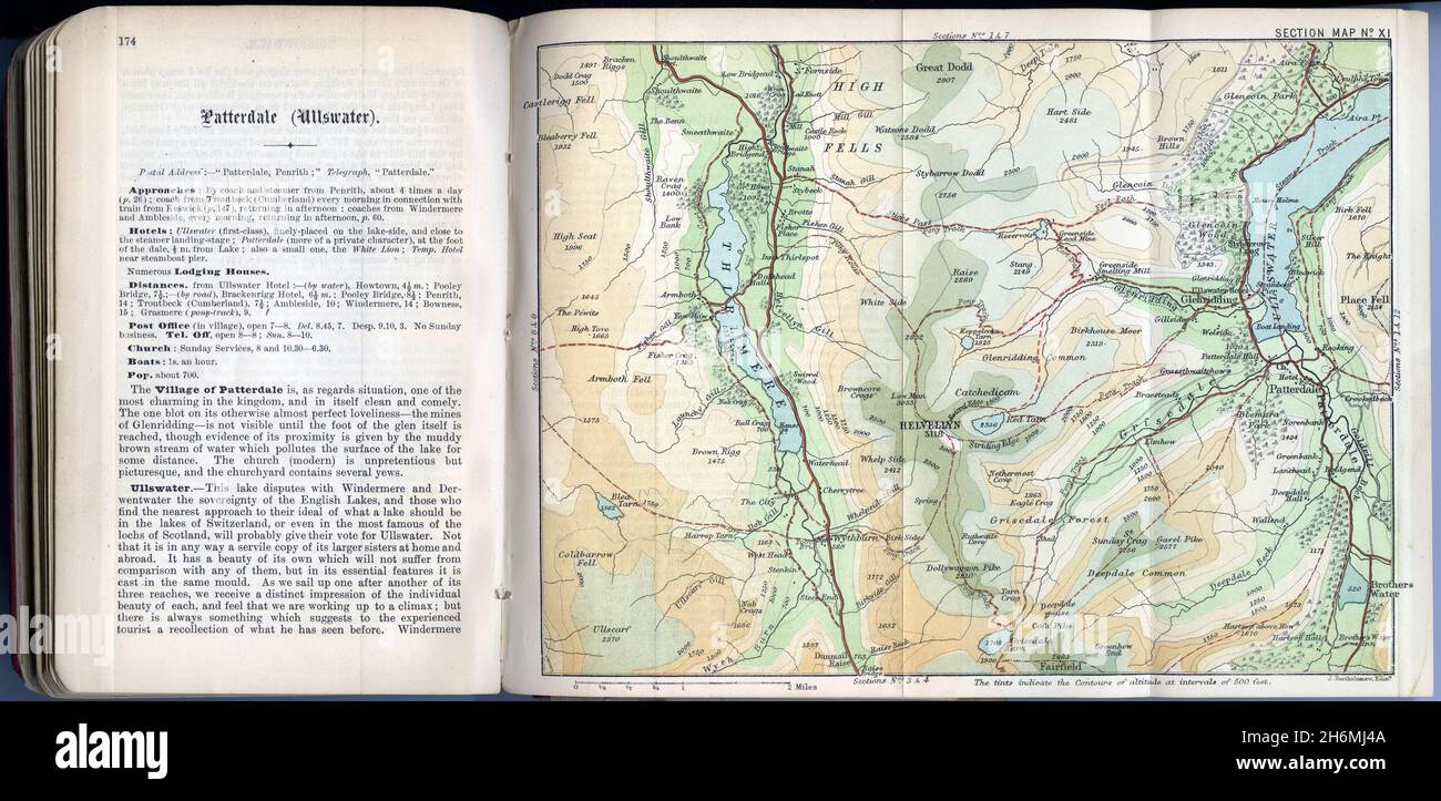 Chapter opening page with an unfolded fold-out map on the adjacent page, from an 1889 Baddeley's Thorough Guide to the English Lake District. Stock Photo