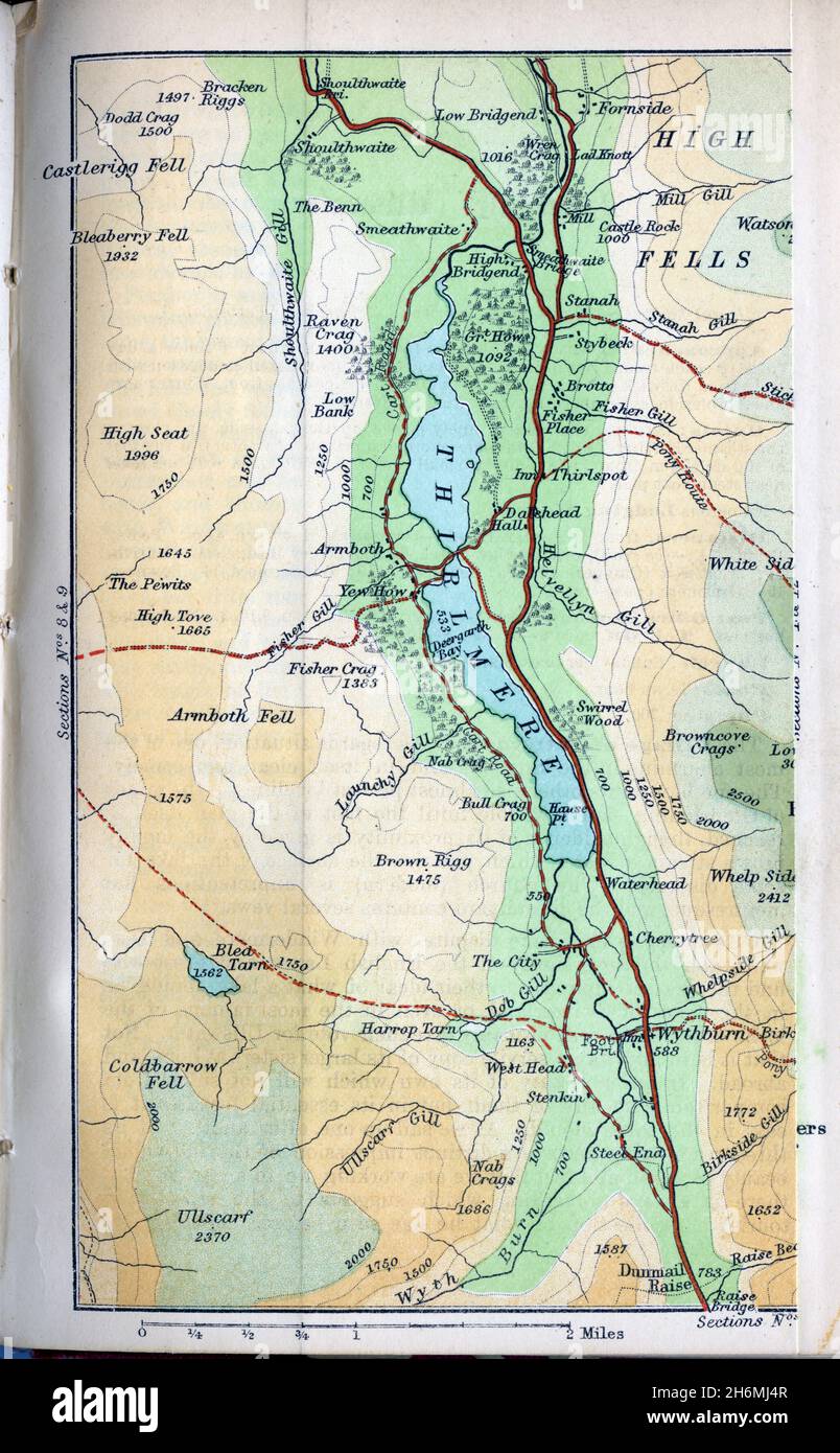 Map showing Thirlmere before the valley was dammed and it became a reservoir.  From an 1889 Baddeley's Thorough Guide to the English Lake District. Stock Photo