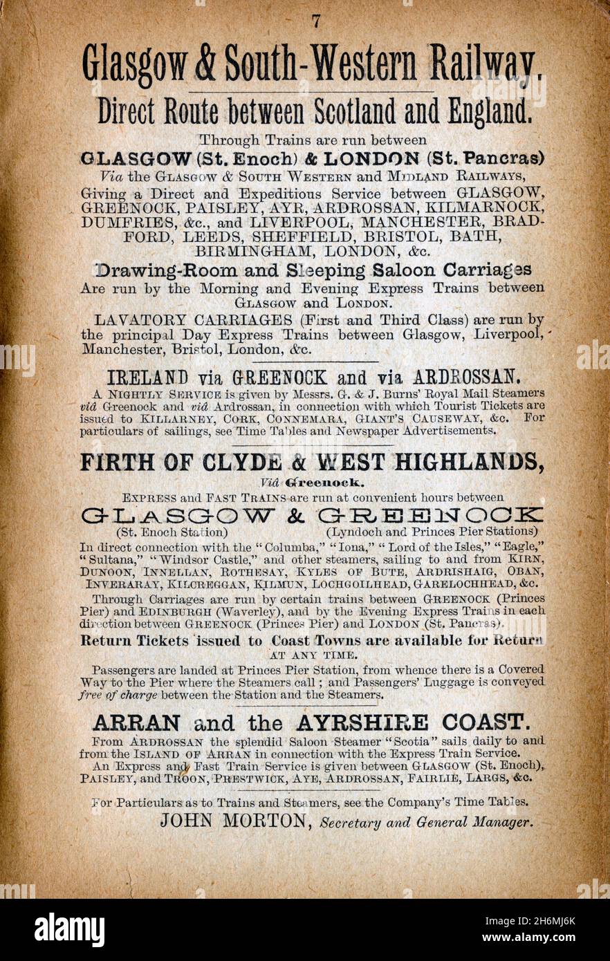 Vintage advertisement page from an 1889 Baddeley's Thorough Guide to the English Lake District.  Featuring the Glasgow & South-Western Railway. Stock Photo