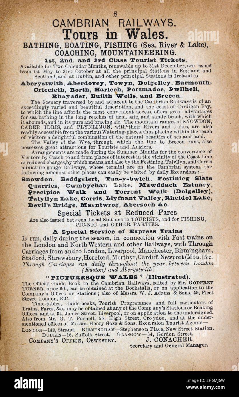 Vintage advertisement page from an 1889 Baddeley's Thorough Guide to the English Lake District.  Featuring the Cambrian Railways. Stock Photo