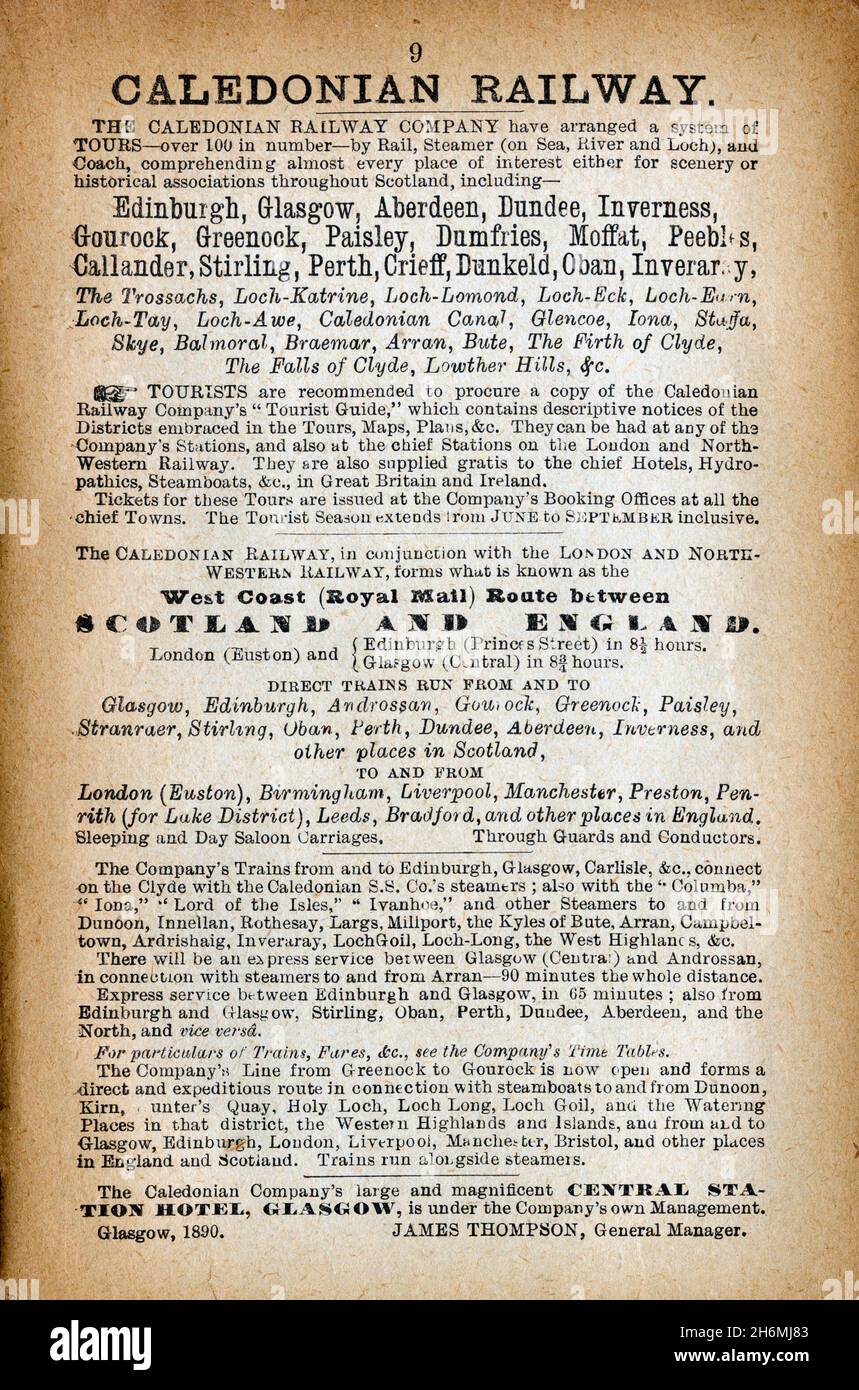 Vintage advertisement page from an 1889 Baddeley's Thorough Guide to the English Lake District.  Featuring the Caledonian Railway. Stock Photo