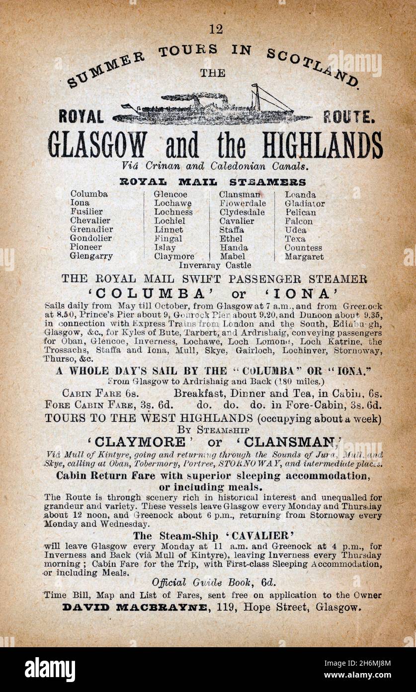 Vintage advertisement page from an 1889 Baddeley's Thorough Guide to the English Lake District.  Featuring the Royal Mail Steamers. Stock Photo