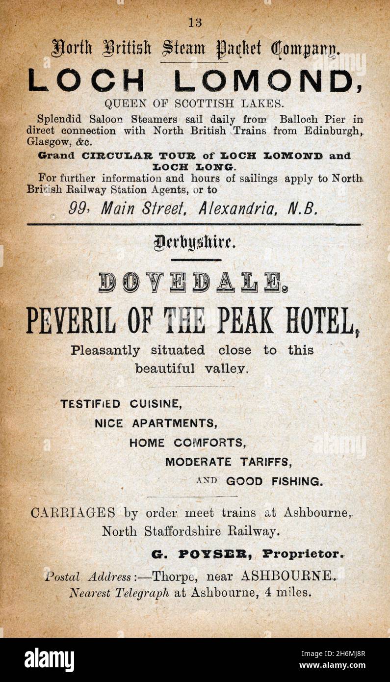 Vintage advertisement page from an 1889 Baddeley's Thorough Guide to the English Lake District.  Featuring the North British Steam Packet Company. Stock Photo