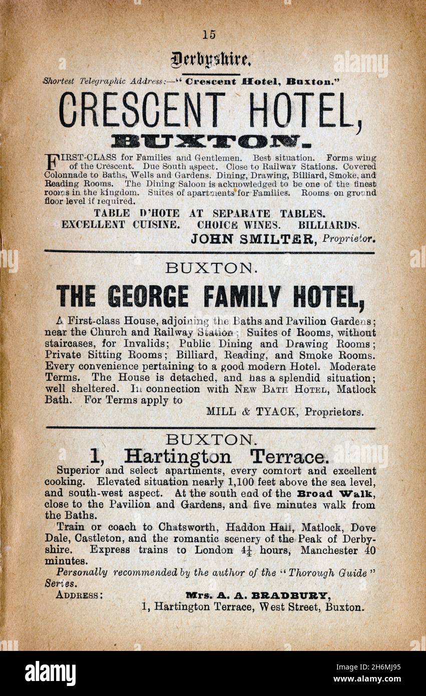 Vintage advertisement page from an 1889 Baddeley's Thorough Guide to the English Lake District.  Featuring three hotels in Buxton, Derbyshire, England Stock Photo