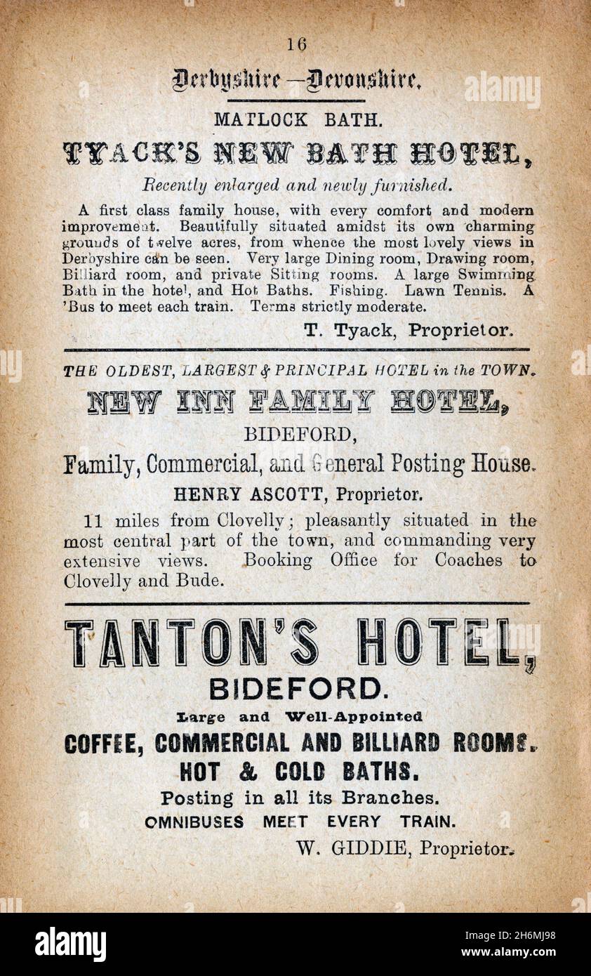 Vintage advertisement page from an 1889 Baddeley's Thorough Guide to the English Lake District. Featuring hotels in Derbyshire and Devonshire, England Stock Photo