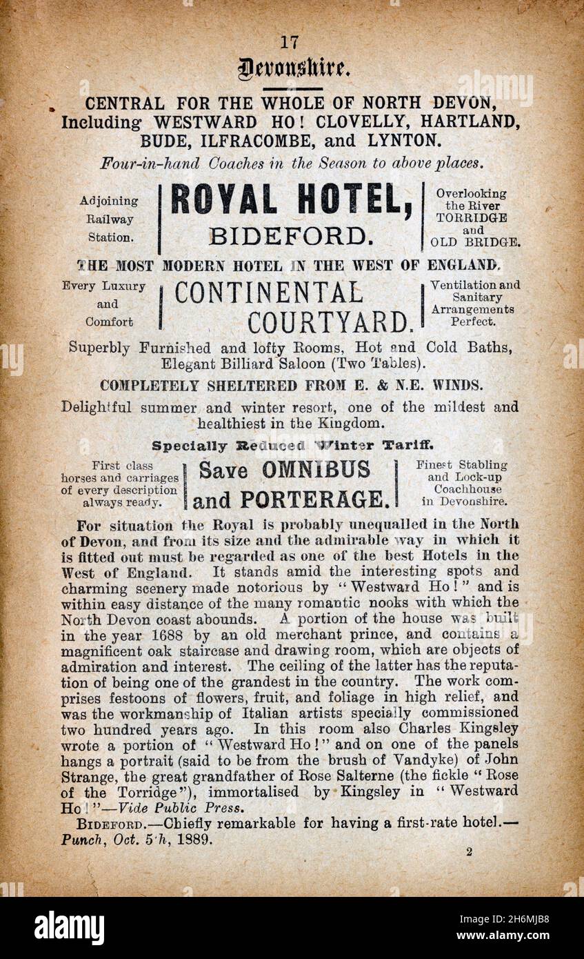 Vintage advertisement page from an 1889 Baddeley's Thorough Guide to the English Lake District. Featuring the Royal Hotel in Bideford, Devonshire, UK. Stock Photo