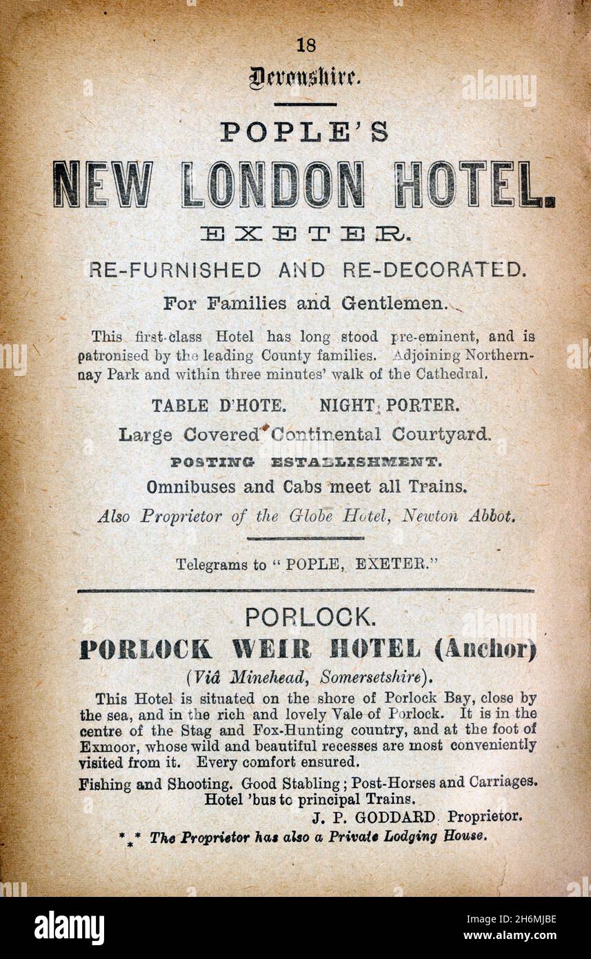 Vintage advertisement page from an 1889 Baddeley's Thorough Guide to the English Lake District.  Featuring hotels in Devonshire, England, UK. Stock Photo
