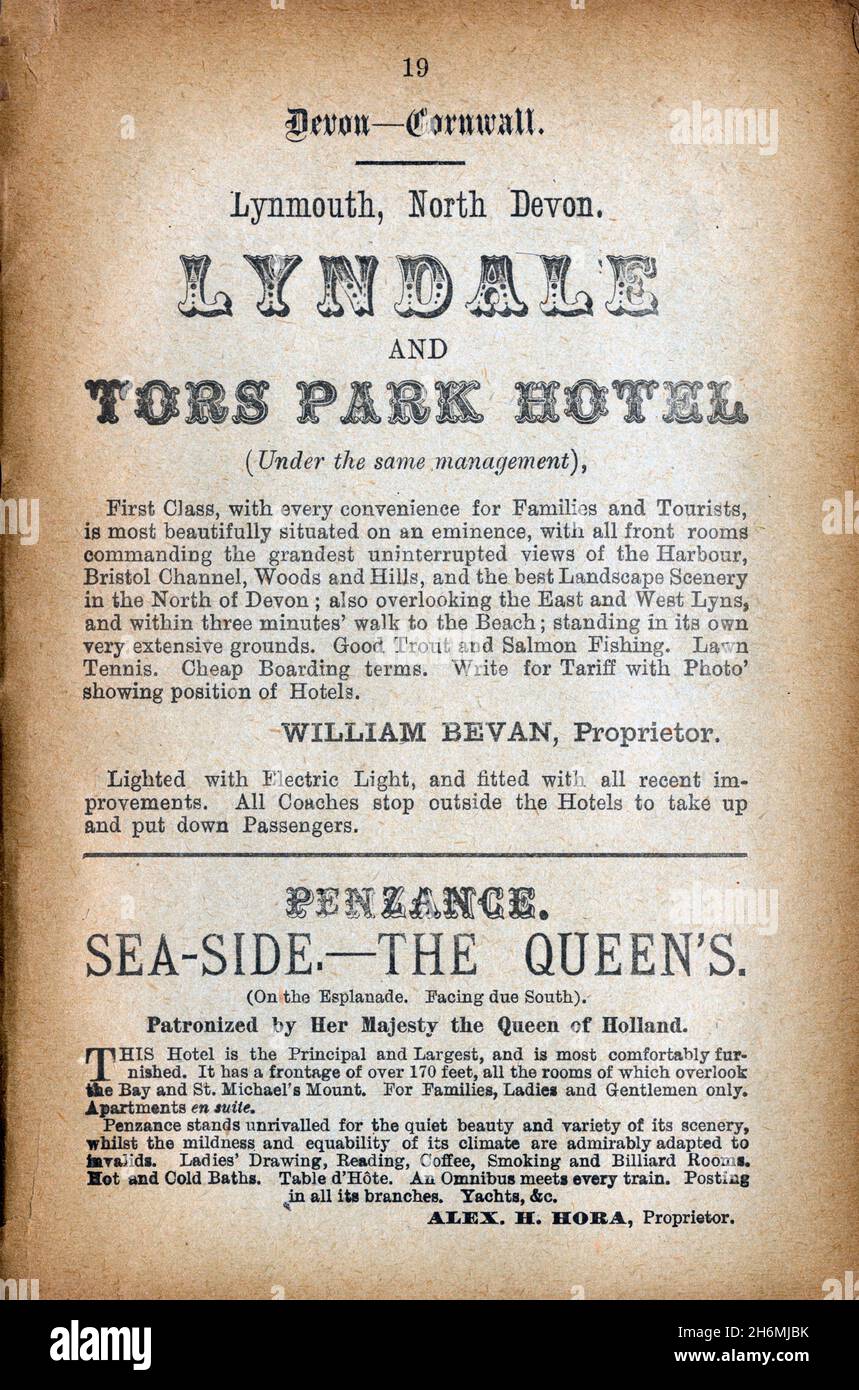 Vintage advertisement page from an 1889 Baddeley's Thorough Guide to the English Lake District.  Featuring hotels in Devonshire and Cornwall, England. Stock Photo