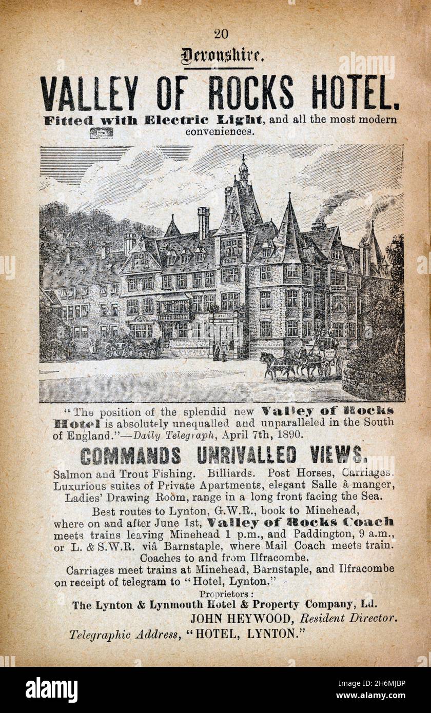 Vintage advertisement page from an 1889 Baddeley's Thorough Guide to the English Lake District.  Featuring the Valley of Rocks hotel in Lynton, UK Stock Photo