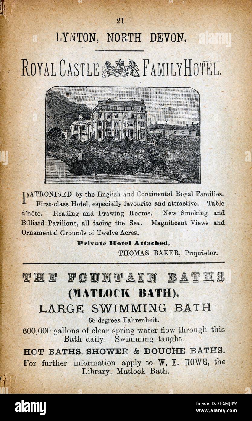 Vintage advertisement page from an 1889 Baddeley's Thorough Guide to the English Lake District. Featuring attractions in Derbyshire and Devonshire, UK Stock Photo